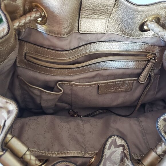 Michael Kors Jet Set Large Signature Gathered Hobo Satchel Tote Gold and Brown - Picture 10 of 16